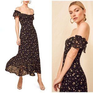 Reformation Butterfly Black Floral Midi Dress- Venezia Print